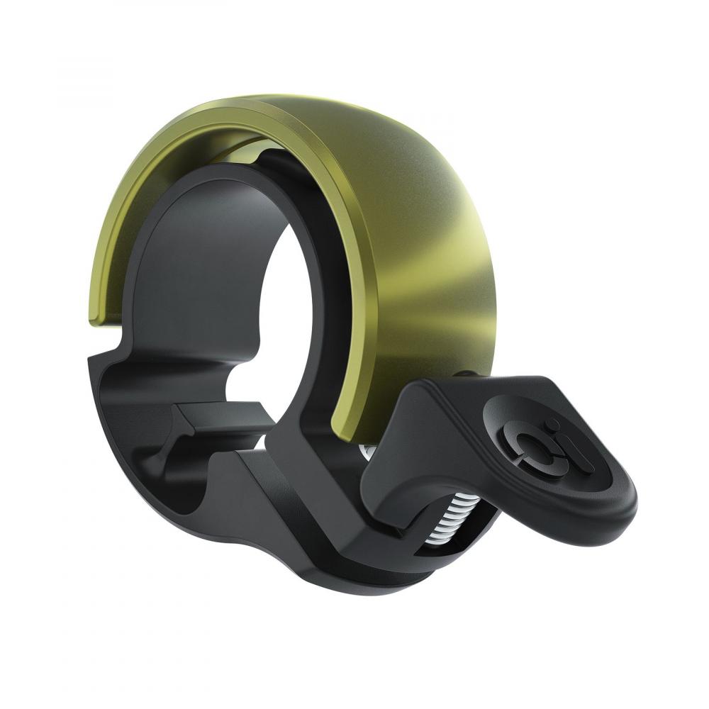 Knog Oi Classic Fahrradklingel, klein 22.2mm, schwarze Halterung, olivgrüner Klangkörper, minimalistisches Design.