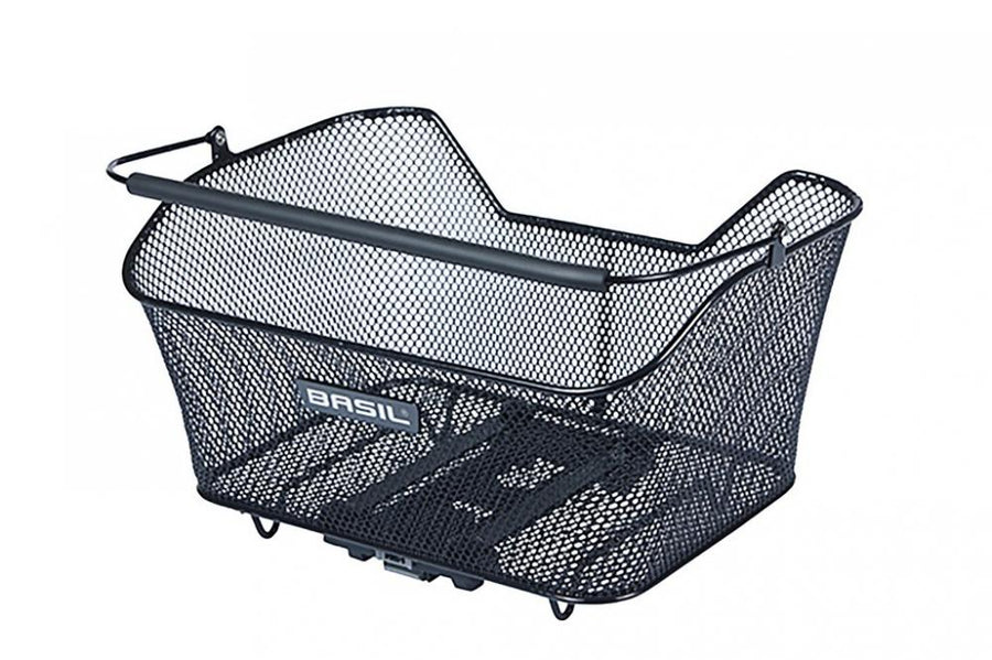 Basil Base M MIK Hinterradkorb aus engmaschigem Stahl, 14L, abnehmbar, schwarz, 10kg Tragkraft.