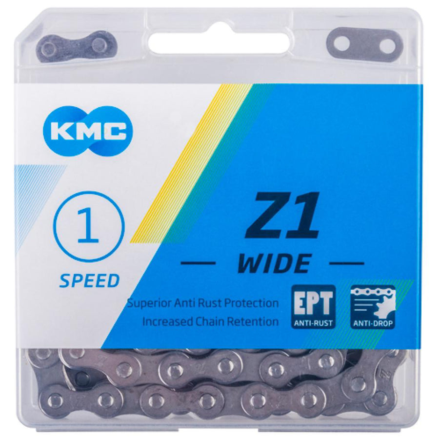 KMC Z1 Wide EPT 1s Kette 1/2 x 1/8 Zoll silber, langlebige Singlespeed Fahrradkette mit Rostschutz.
