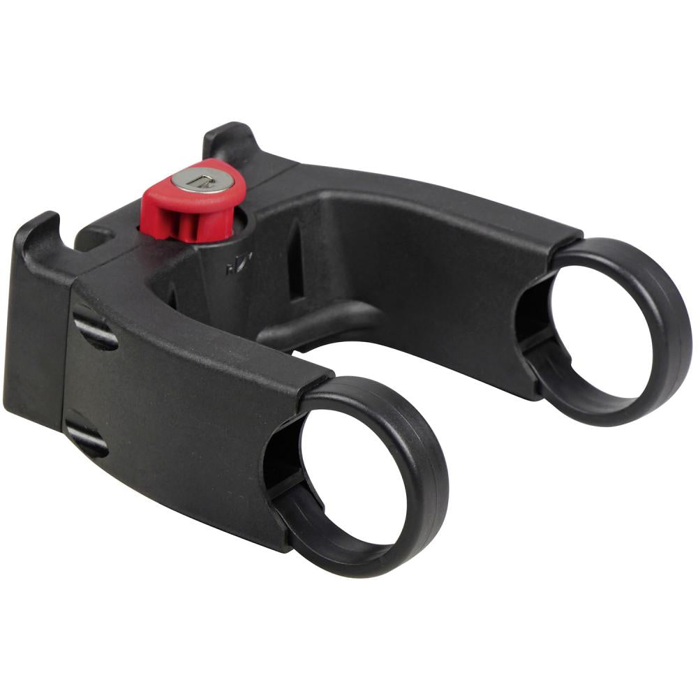 Schwarzer KLICKfix Lenkeradapter E mit rotem Schloss, passend für Fahrradlenker, zur einfachen und sicheren Montage von Zubeh
