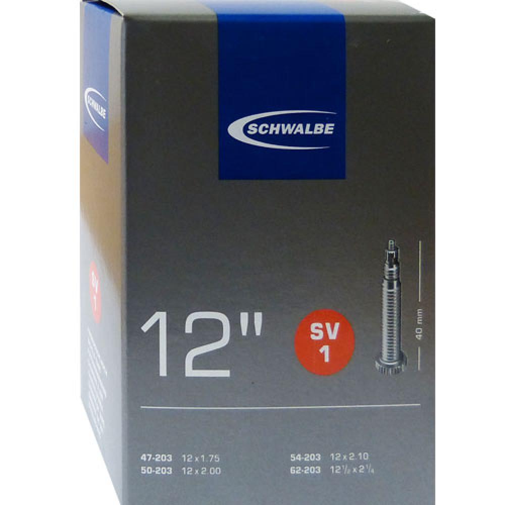 Schwalbe Fahrradschlauch SV1 12 Zoll, 40mm Sclaverandventil, ETRTO 47/62-203, Originalverpackung des Schlauchs.