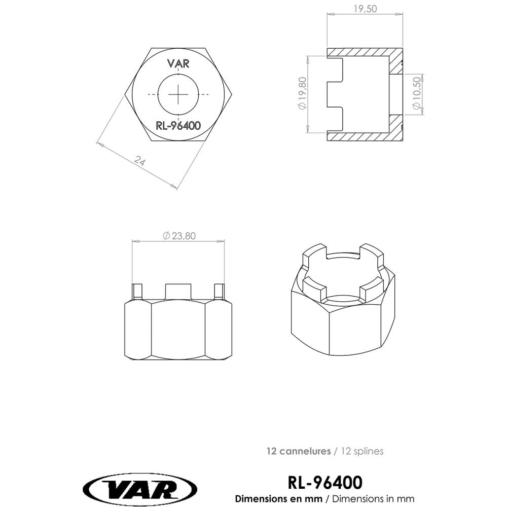 Technische Zeichnung des VAR RL-96400 Freilaufkörperabziehers für Suntour Kassetten/Zahnkränze. Zeigt Maße und 12 Splines.