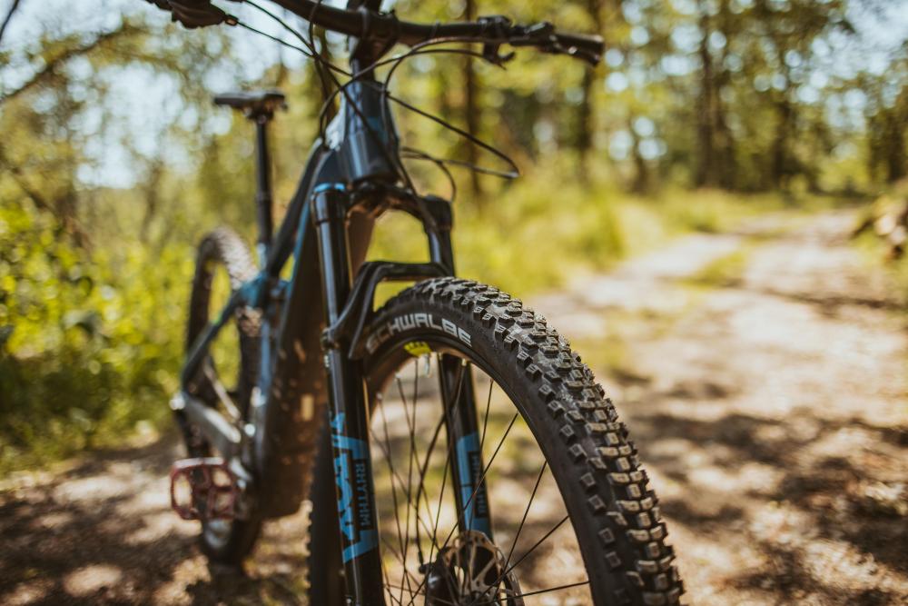 Schwalbe Smart Sam Performance Drahtreifen 29x2,10 auf einem Mountainbike im Wald für Straße und Gelände.