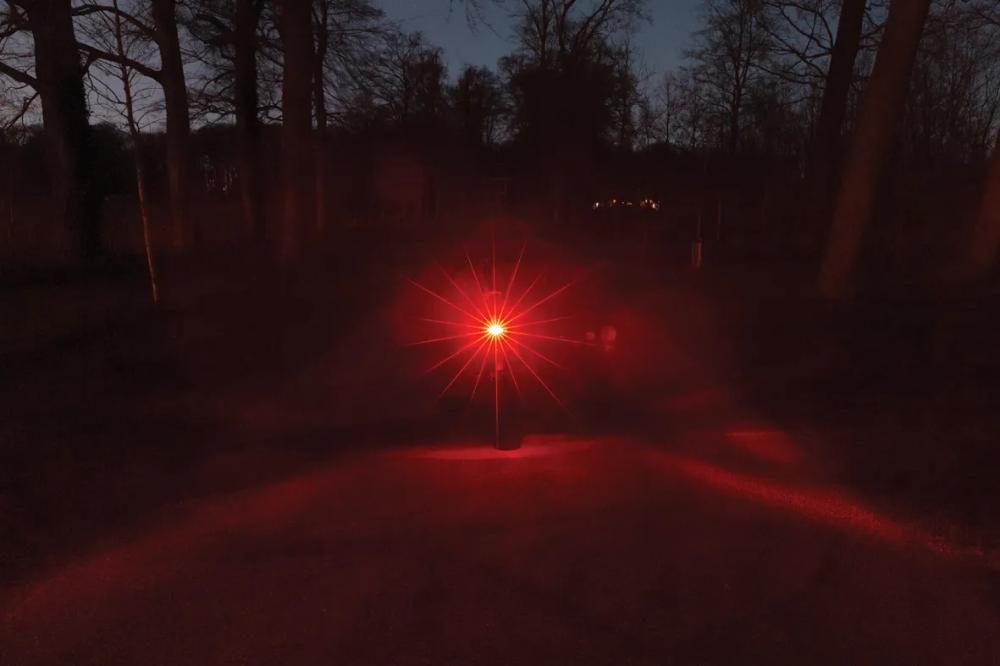 AXA Juno Dynamo ST 50 Rücklicht mit hellem roten Standlicht leuchtet dunklen Waldweg in der Nacht aus.