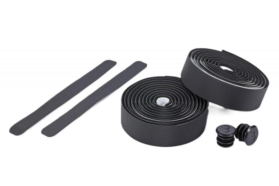 Schwarzes BBB Cycling GravelRibbon Gel 200 Lenkerband Set mit Abschlussstreifen und Endstopfen für Gravelbikes.