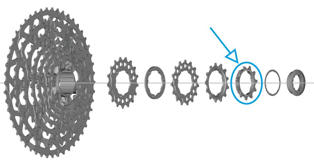 SHIMANO CS-LG700 11 Zähne Ersatzritzel, markiert in zerlegter Fahrradkassette.