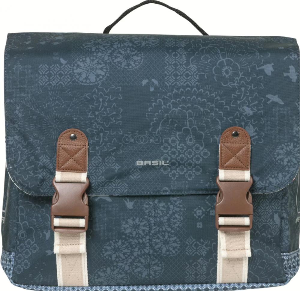 Basil Bohème Doppeltasche MIK 2.0, 35L, Indigo Blue, wasserabweisend, Reflexion, mit floralem Muster und Schnallenverschluss.