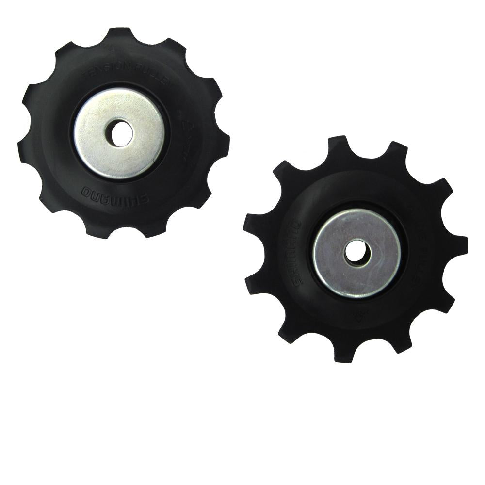 Shimano Deore RD-M6000-GS Schaltrollensatz bestehend aus zwei schwarzen Schalträdchen mit silbernem Zentrum.