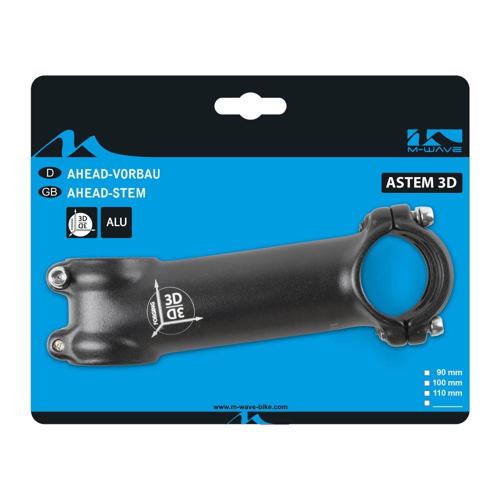 M-WAVE Astem 3D Ahead Vorbau schwarz 90 mm - Aluminium 3D geschmiedet, 119 g, 1 1/8" Gabelschaft, Ø31,8 mm Lenkerklemmung, Winkel 7°, hohe Stabilität