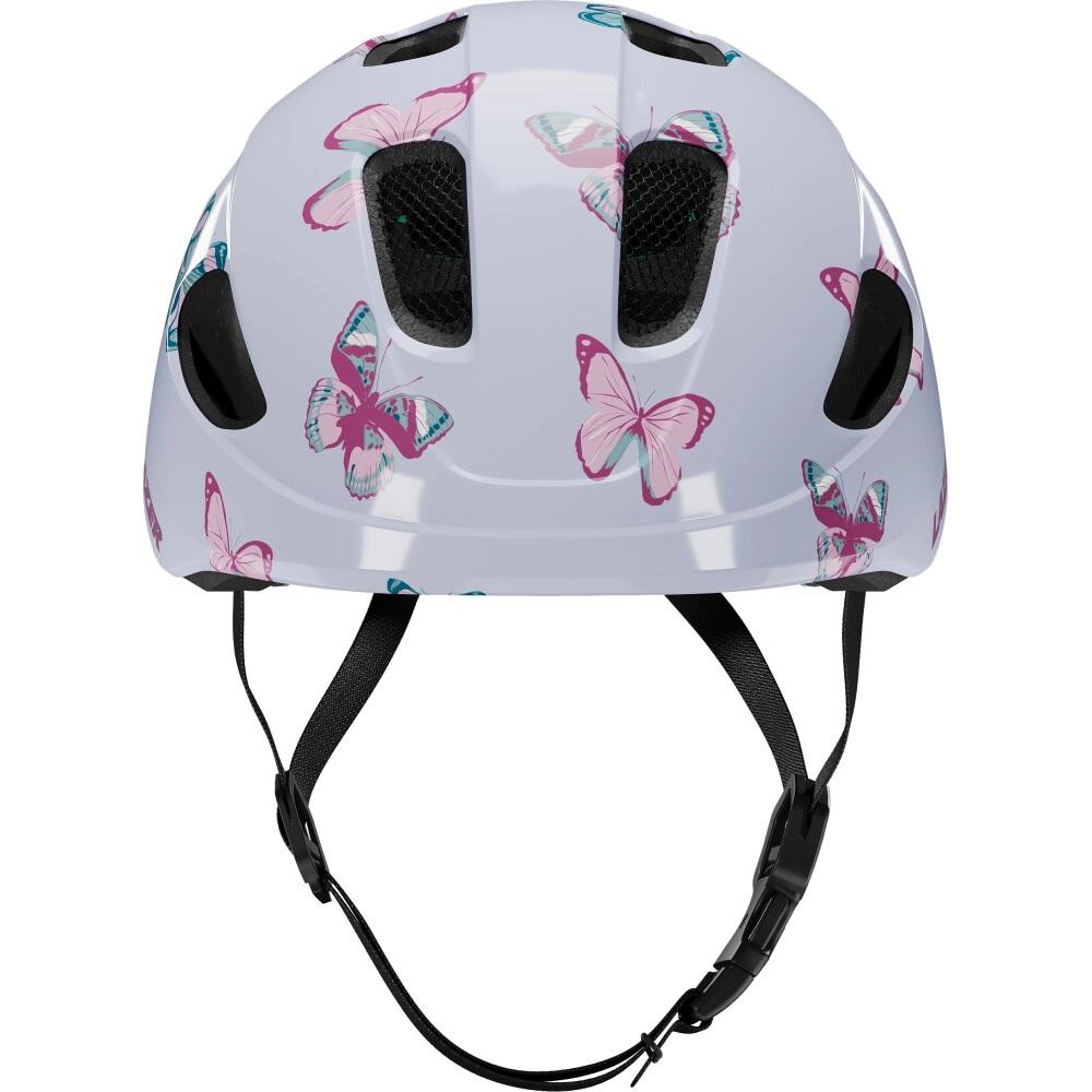 LAZER Helm Nutz 2.0 KinetiCore Kinder-Fahrradhelm weiß mit bunten Schmetterlingen, Frontansicht.