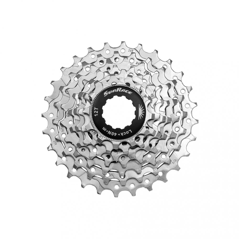 SunRace CSR63 7-fach Kassette 12-24 Zähne für Rennrad, Shimano-kompatibel, silberne Ritzel für präzise Gangabstufung.