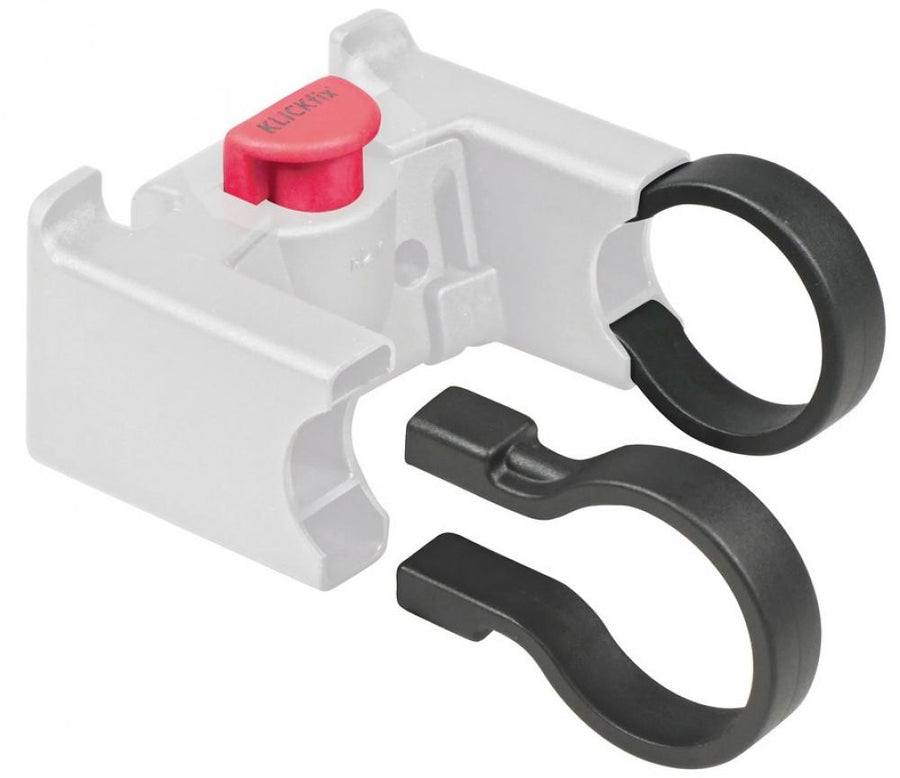 KLICKfix Schellen für Lenkeradapter 35mm schwarz paarweise mit weißer Halterung und rotem Knopf für das Fahrrad.