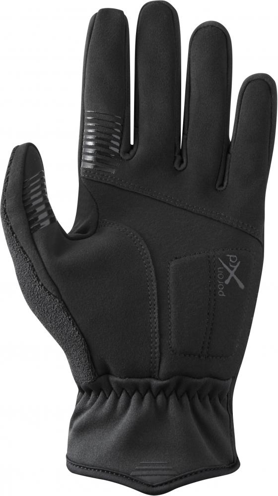 Schwarze Shimano W's Windstopper Insulated Damen-Fahrradhandschuhe mit Polsterung und Grip-Details.
