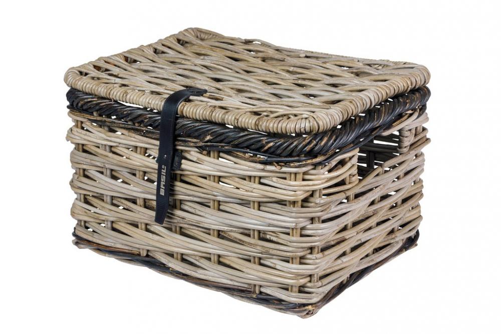 Basil Dijon L Vorderradkorb aus Rattan, grau/schwarz, grobmaschig, mit Deckel.