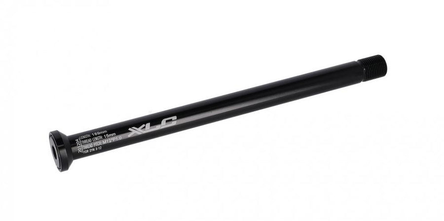 Schwarze XLC Steckachse QR-H03 für Haibike eCRP, M12x1,0/15mm, 169mm Länge mit konischem Kopf.