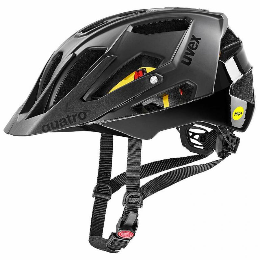 uvex Quatro cc MIPS MTB-Helm in Mattschwarz mit Visier, 17 Belüftungen und Kinnriemen.