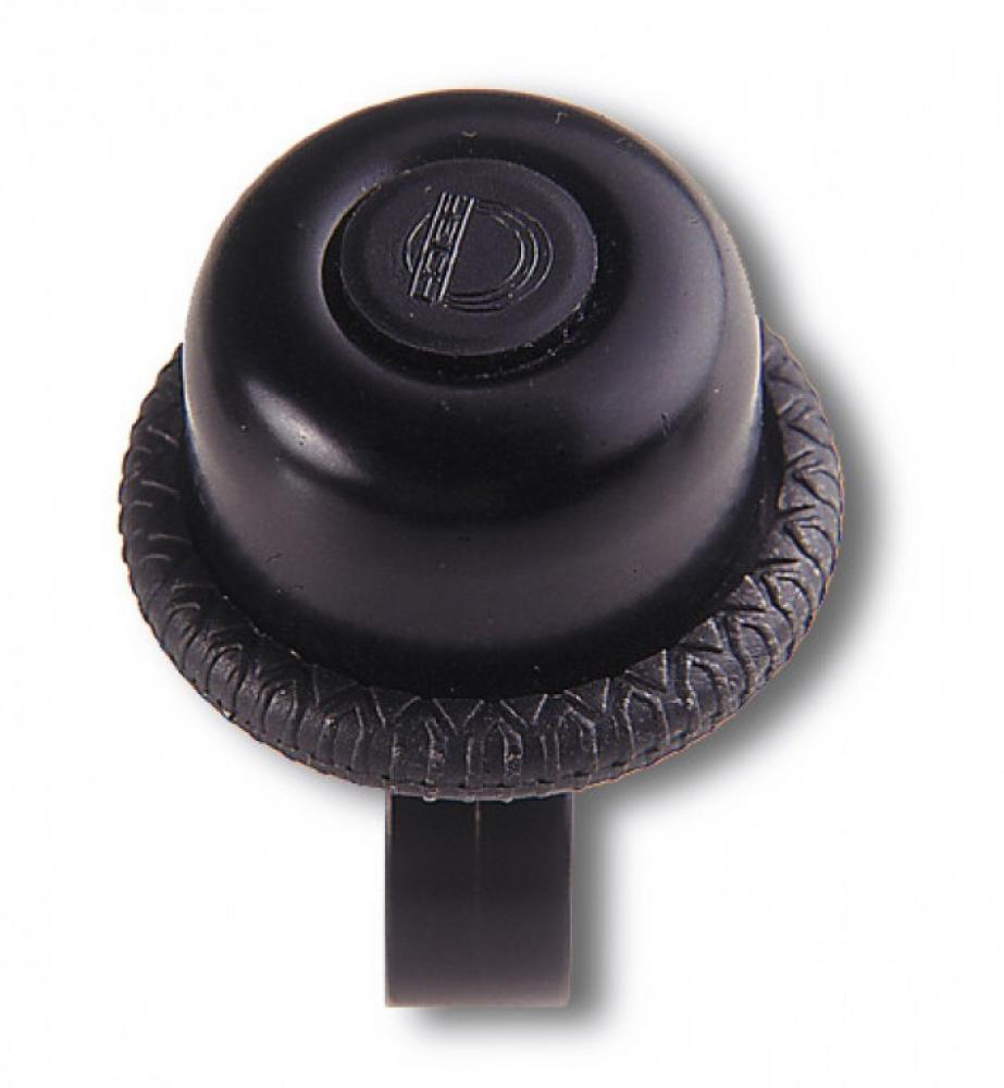 Schwarze Reich Mini Drehklingel aus Aluminium mit Reich Logo und Halterung für Fahrradlenker Ø22-27mm.