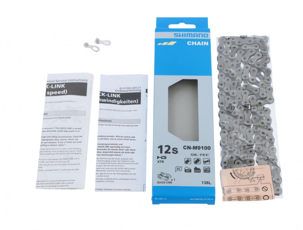 SHIMANO XTR CN-M9100 12-fach Fahrradkette mit 138 Gliedern und Quick-Link in Originalverpackung.