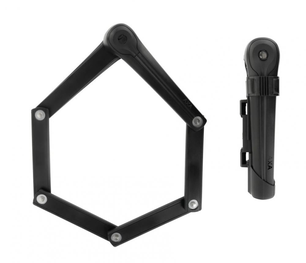 Axa Faltschloss Fold 85 schwarz Fahrradschloss mit Halter, geöffnet und zusammengeklappt.