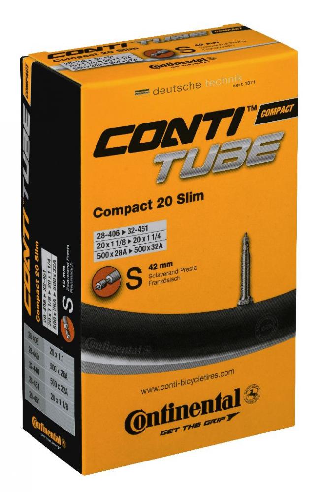Continental Schlauch 20" MTB Compact Slim 20, zuverlässiger Fahrradschlauch mit SV-Ventil, in gelber Box.