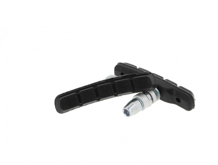 Zwei schwarze Promax V-Brake Felgenbremsschuhe 70 mm für Alufelgen inklusive Montagematerial.