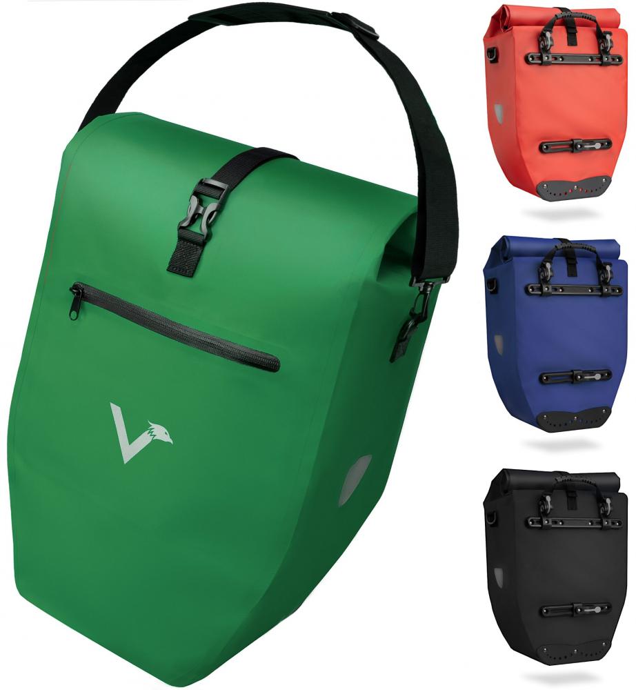 Valkental Gepäckträgertasche ValkBasic grün 28L, wasserdicht, mit Schultergurt, Reißverschluss & Reflektoren.