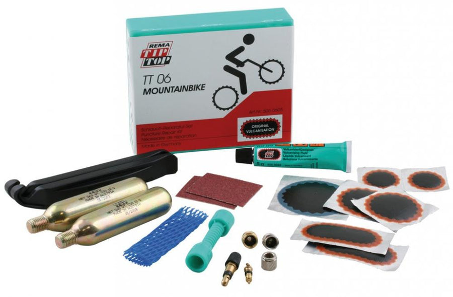 Rema Tip Top TT06 Mountainbike Reparaturset mit Flicken, Vulkanisierflüssigkeit, CO2 Kartuschen und Reifenhebern.