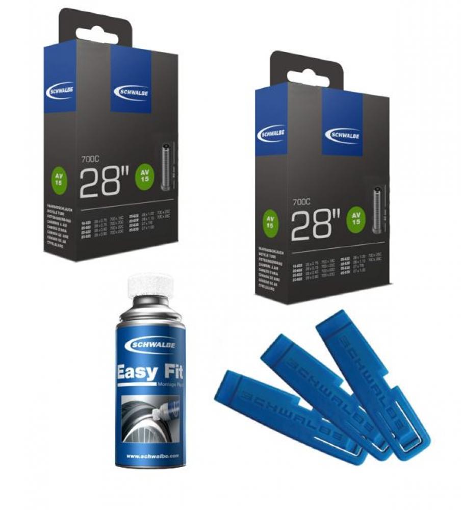 Schwalbe Fahrrad-Set: 2x Fahrradschlauch AV15 28", Easy Fit Montagefluid 50ml, 3x Reifenheber.