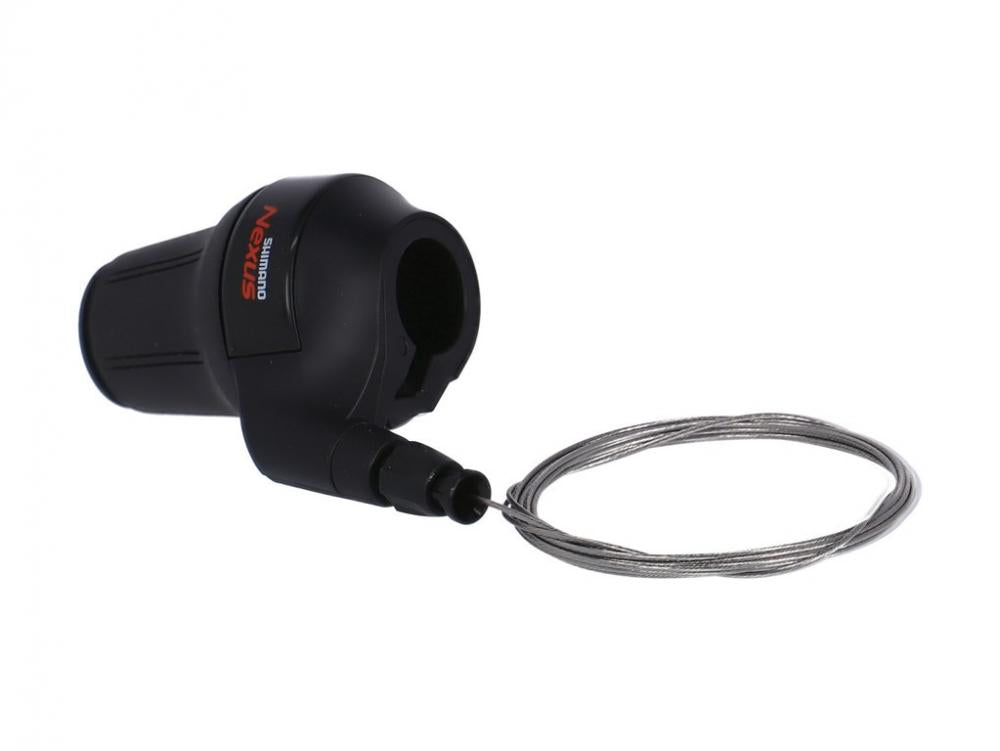 Schwarzer Shimano Nexus 5-fach Drehgriffschalter SL-C7000 mit Schaltzug für Fahrrad Nabenschaltung.