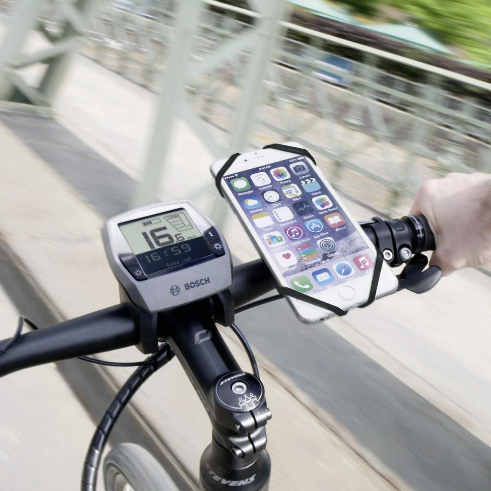 KlickFix PhonePad Quad Mini Smartphonehalterung am Fahrradlenker, mit iPhone und Bosch Display.