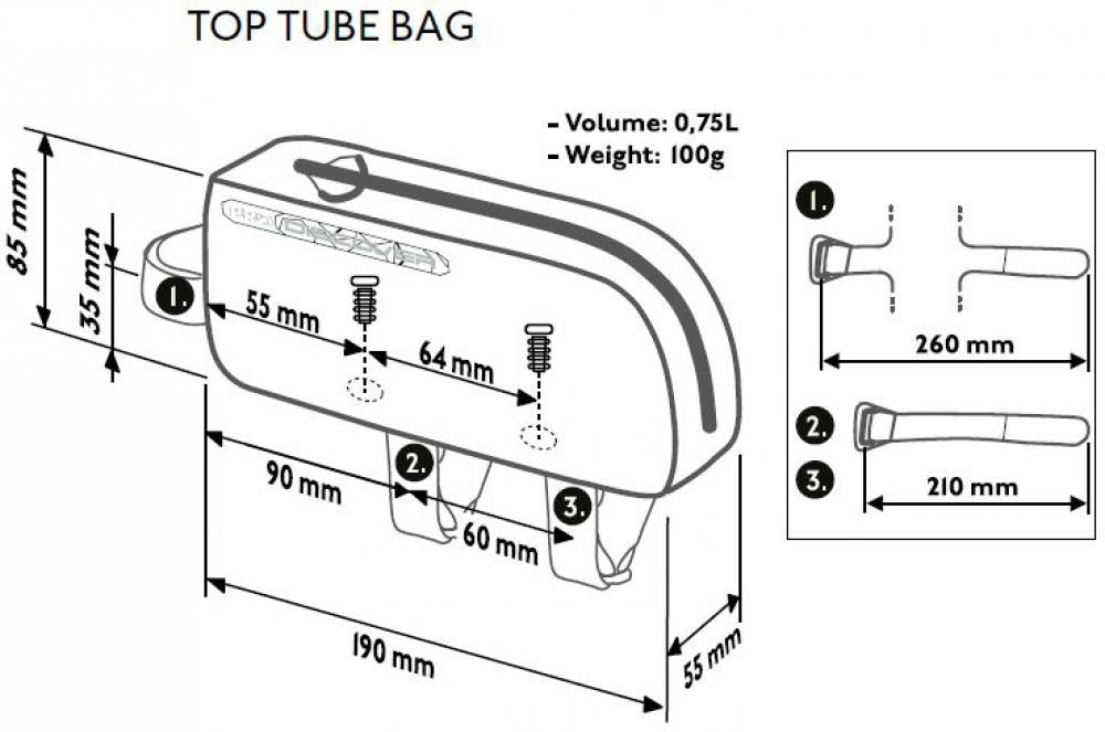 PRO Oberrohrtasche Discover 0,75l, wasserdichte Bikepacking-Tasche fürs Oberrohr, zeigt detaillierte Maße und Riemen.