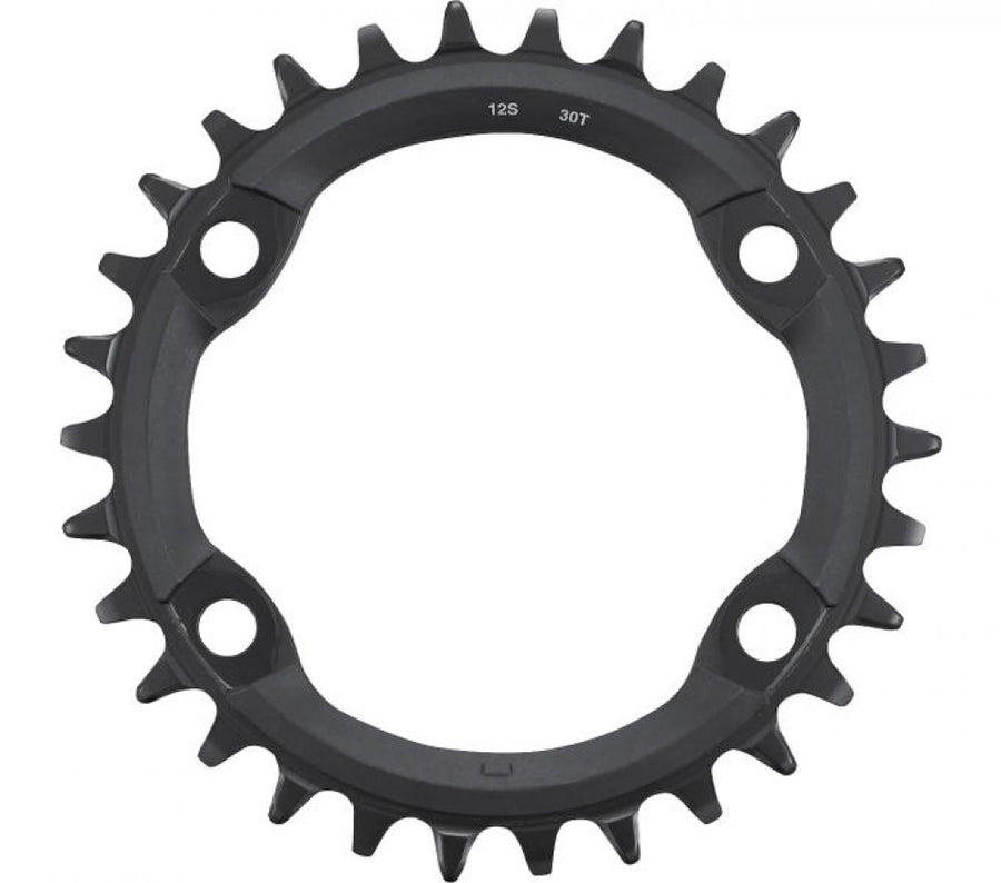 Schwarzes Shimano Kettenblatt FC-MT610 mit 30 Zähnen und 4-Loch-Aufnahme für 12-fach MTB-Schaltungen.