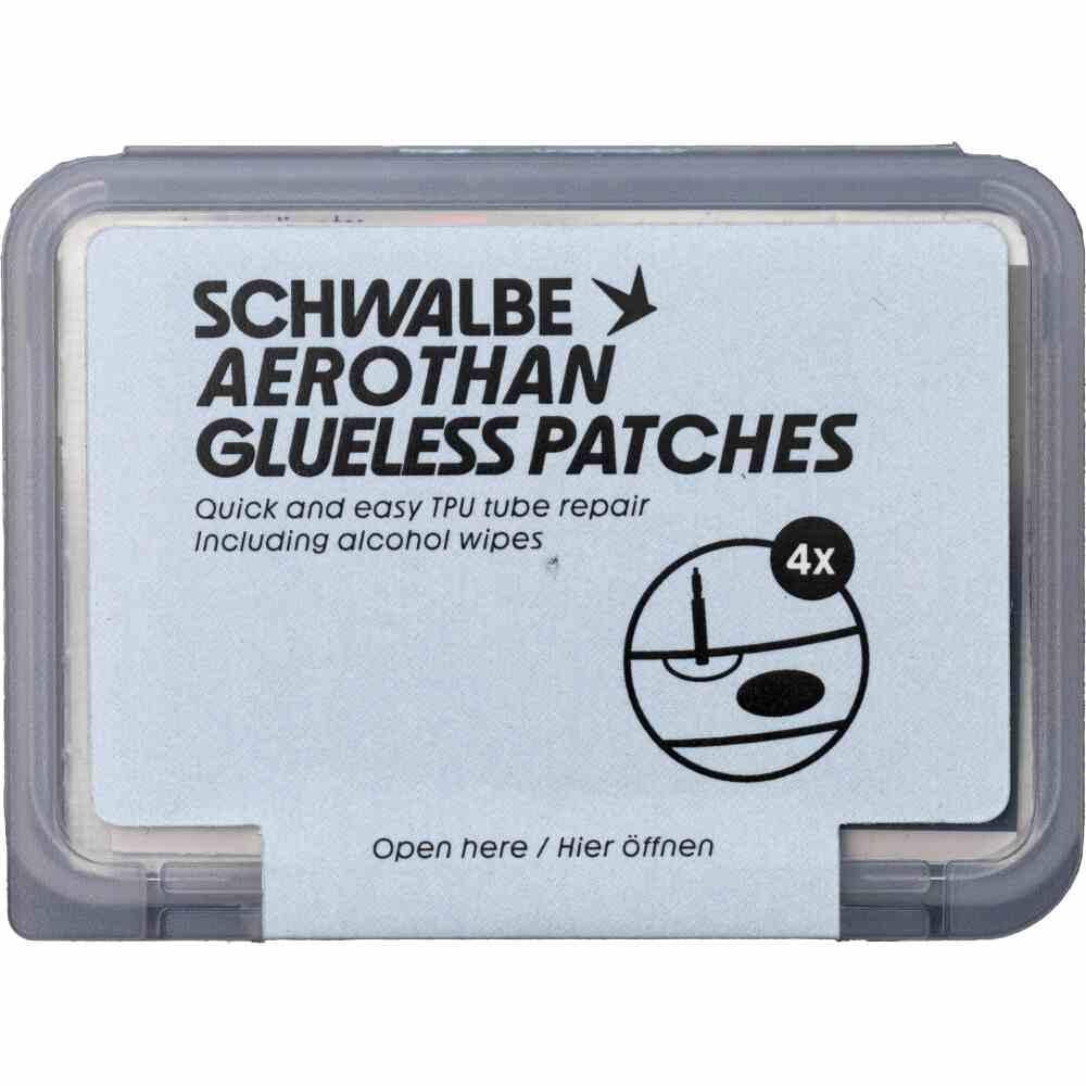 Schwalbe Aerothan Glueless Patches (4 Stk. selbstklebend) für schnelle TPU-Schlauchreparatur inkl. Alkoholtücher.