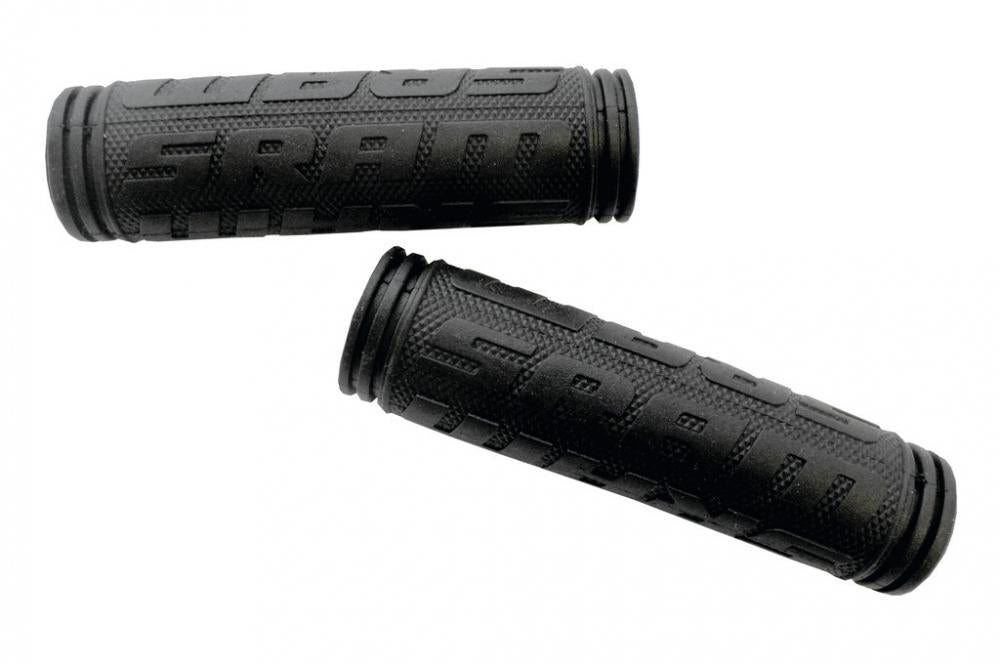 Zwei schwarze SRAM Racing Griffe 130 mm bieten sicheren Halt für sportliche Fahrten.