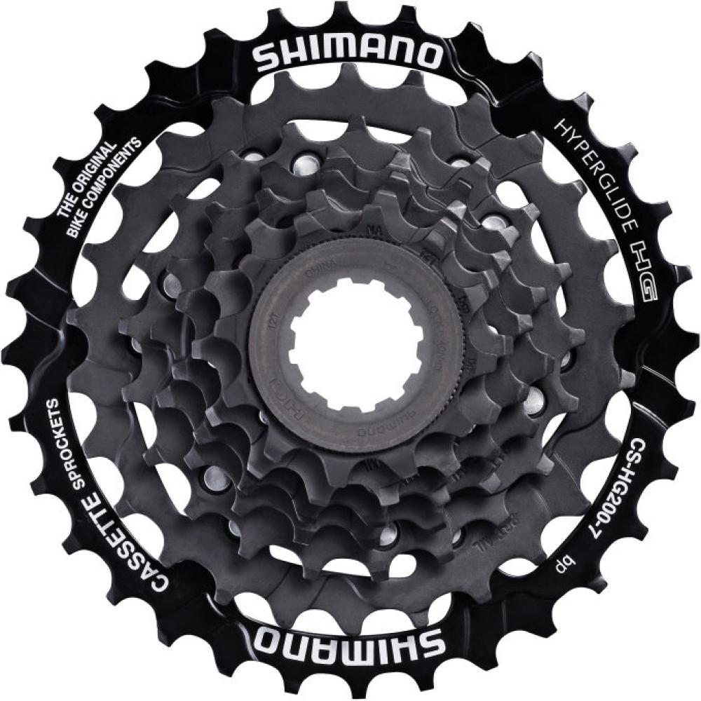 Schwarze Shimano CS-HG200 7-fach Kassette mit 12-32 Zähnen für MTB und Trekkingräder.