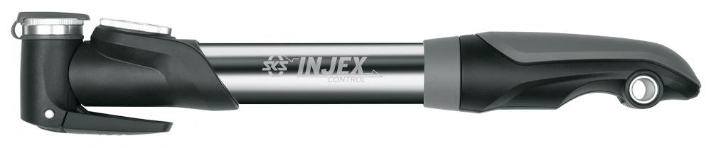 SKS Injex Control Minipumpe mit analogem Manometer, Teleskopfunktion und T-Klappgriff in Schwarz-Silber.