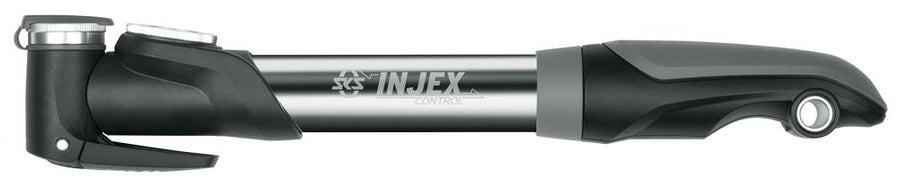 SKS Injex Control Minipumpe mit analogem Manometer, Teleskopfunktion und T-Klappgriff in Schwarz-Silber.