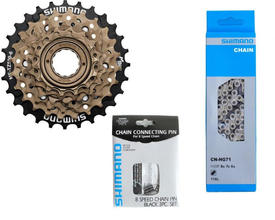 Shimano Antriebsset mit MF-TZ500 6-fach Freilauf, HG71 Kette und Kettenstiften, 3-teilig.