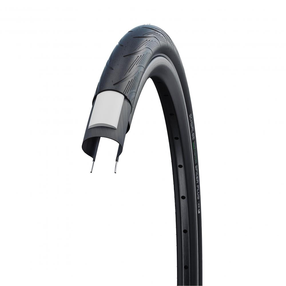 Schwalbe Spicer Plus 28x1.35 (35-622) Drahtreifen in Schwarz mit Reflexstreifen und Pannenschutz für E-Bikes.