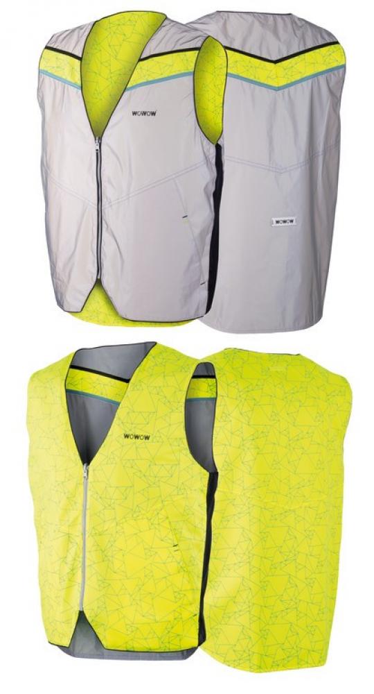 Wowow Sicherheitsweste Copenhagen, reversibel: grau reflektierend und gelb fluoreszierend mit Muster für Radfahrer.