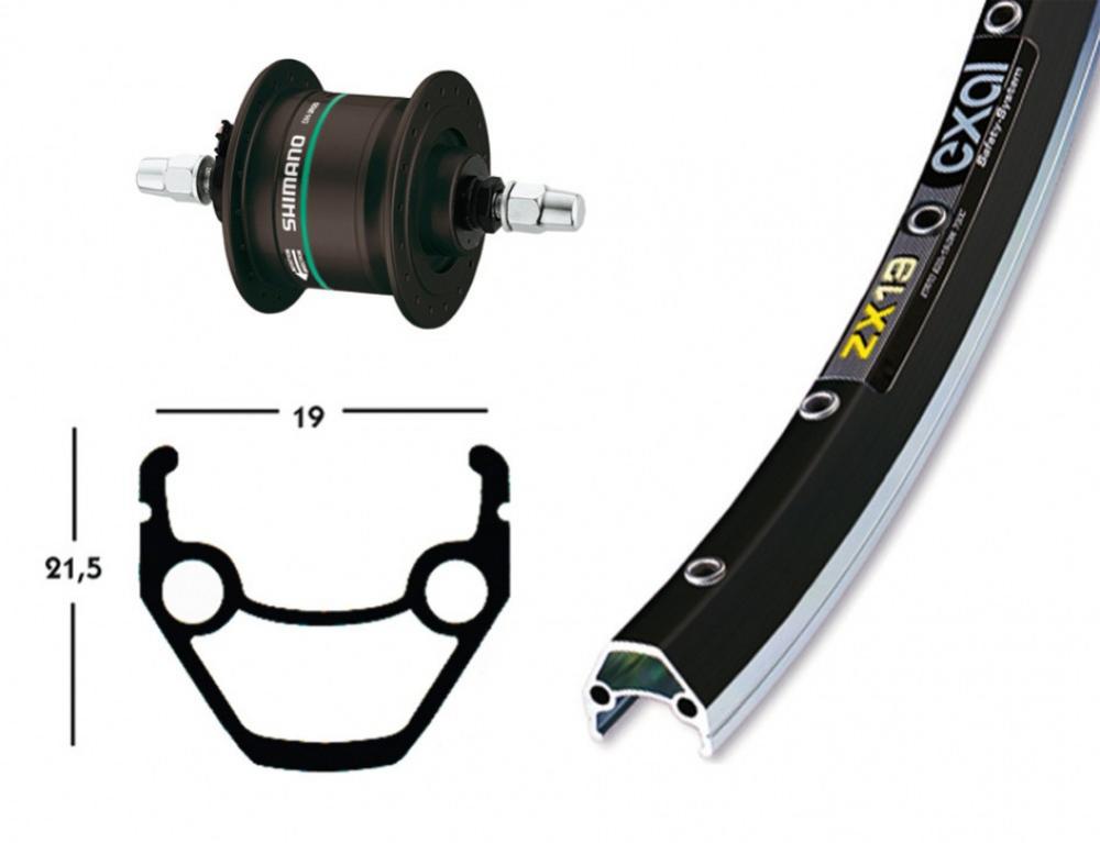 Bike-Parts Laufrad|Vorderrad 28x1.75 Zoll Nabendynamo DH-C3000 schwarz Festachse 36-Loch Exal ZX 19 schwarz|silber Nirosta-Speichen schwarz