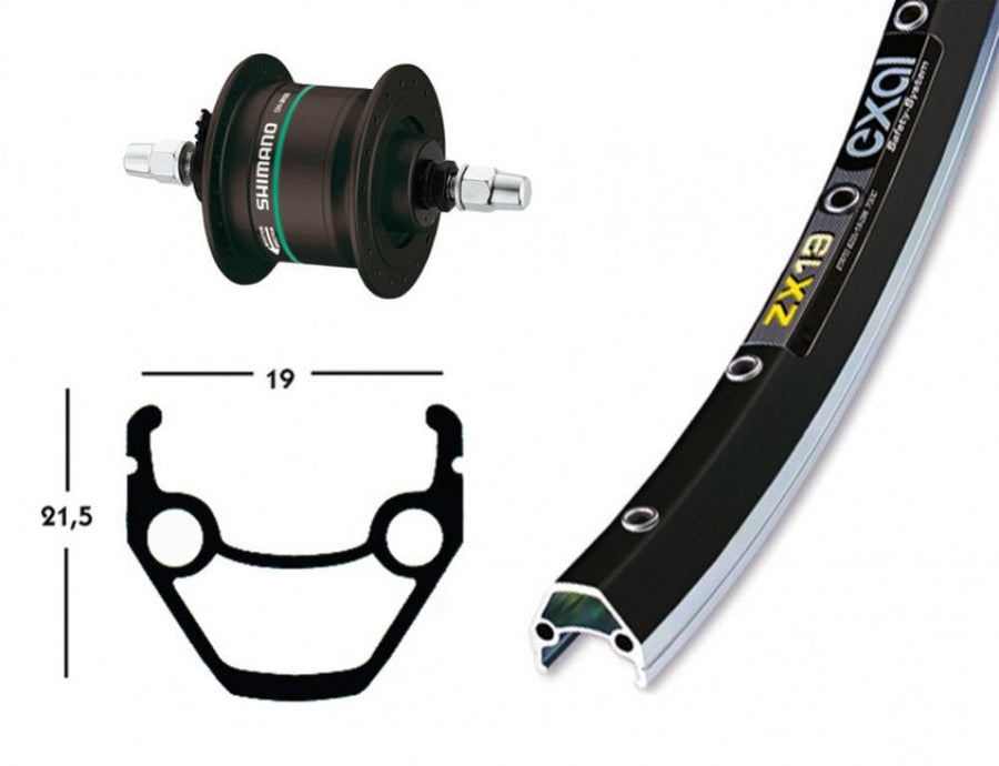 Bike-Parts Laufrad|Vorderrad 28x1.75 Zoll Nabendynamo DH-C3000 schwarz Festachse 36-Loch Exal ZX 19 schwarz|silber Nirosta-Speichen schwarz