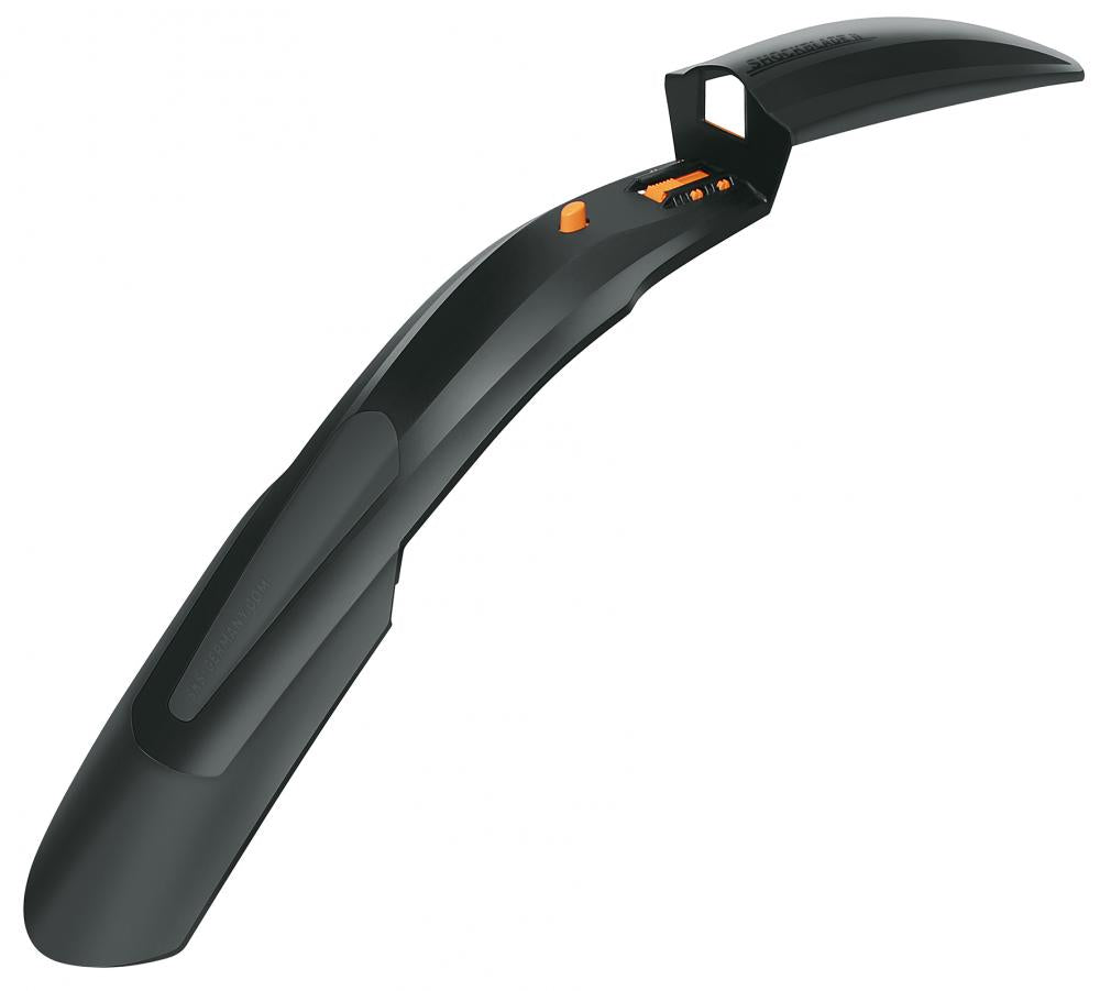 SKS Shockblade DARK Vorderradschutzblech für 28+29 Zoll Fahrräder, schwarz mit orangen Details.