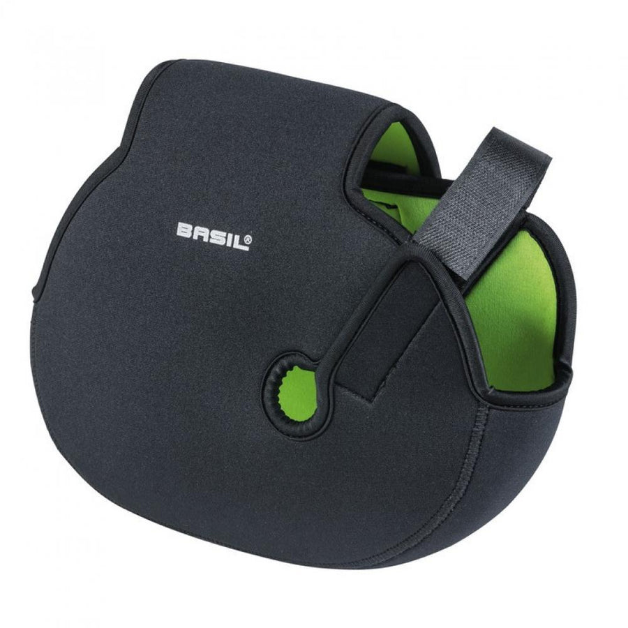 Basil Schutz E-Bike Mittelmotor universell, schwarz mit grünem Innenfutter, Logo und Befestigungsriemen.