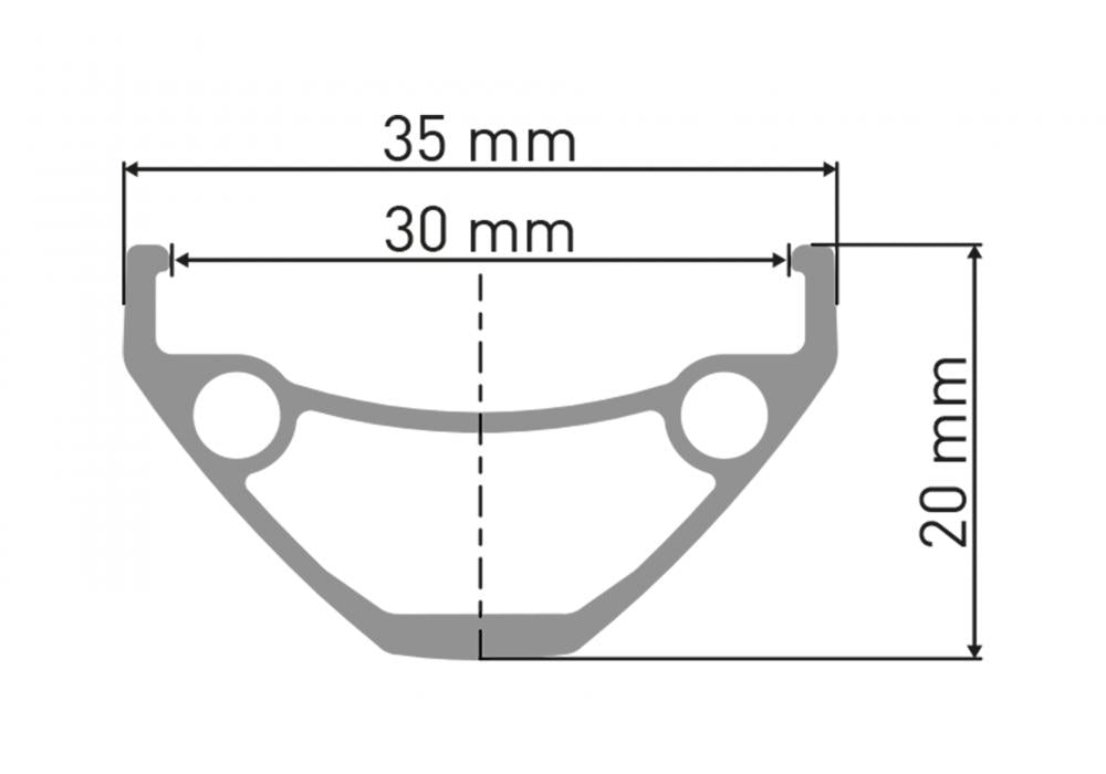 DT Swiss E 593 Felge 26 Zoll Querschnitt mit 30mm Innenweite, 35mm Außenweite und 20mm Höhe.