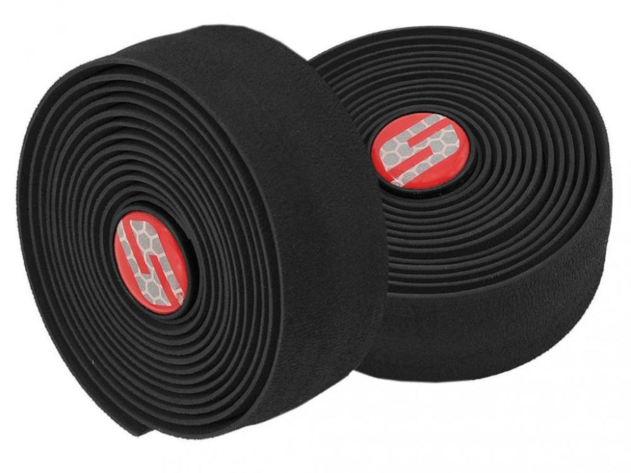 SRAM SuperSuede Lenkerband schwarz, rutschfestes Performance-Bar Tape, zwei gerollte Bänder mit rotem SRAM Logo.