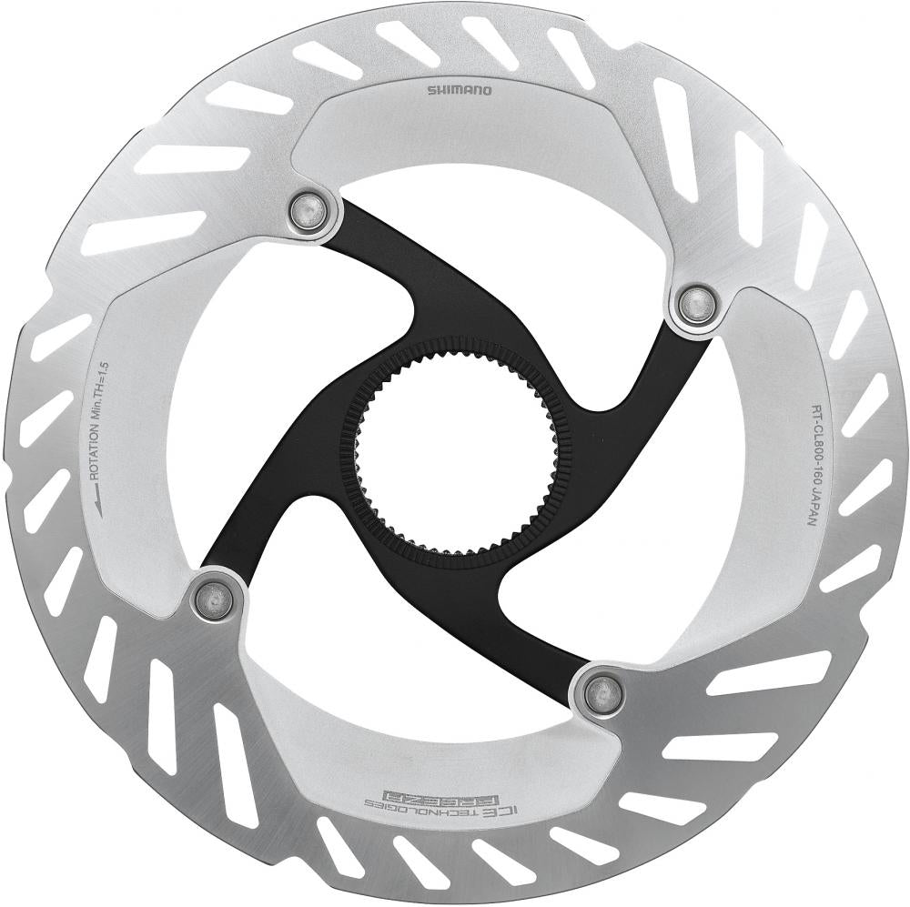 SHIMANO RT-CL800 160mm Center Lock Bremsscheibe silber/schwarz, ICE TECHNOLOGIES FREEZA, mit Magnetverschlussring.