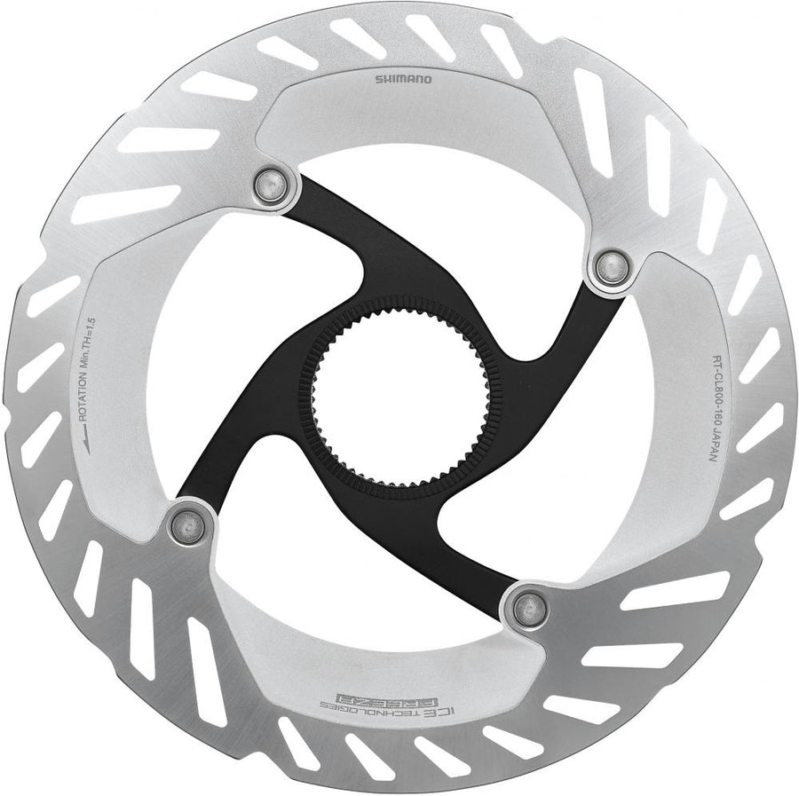 SHIMANO RT-CL800 160mm Center Lock Bremsscheibe silber/schwarz, ICE TECHNOLOGIES FREEZA, mit Magnetverschlussring.