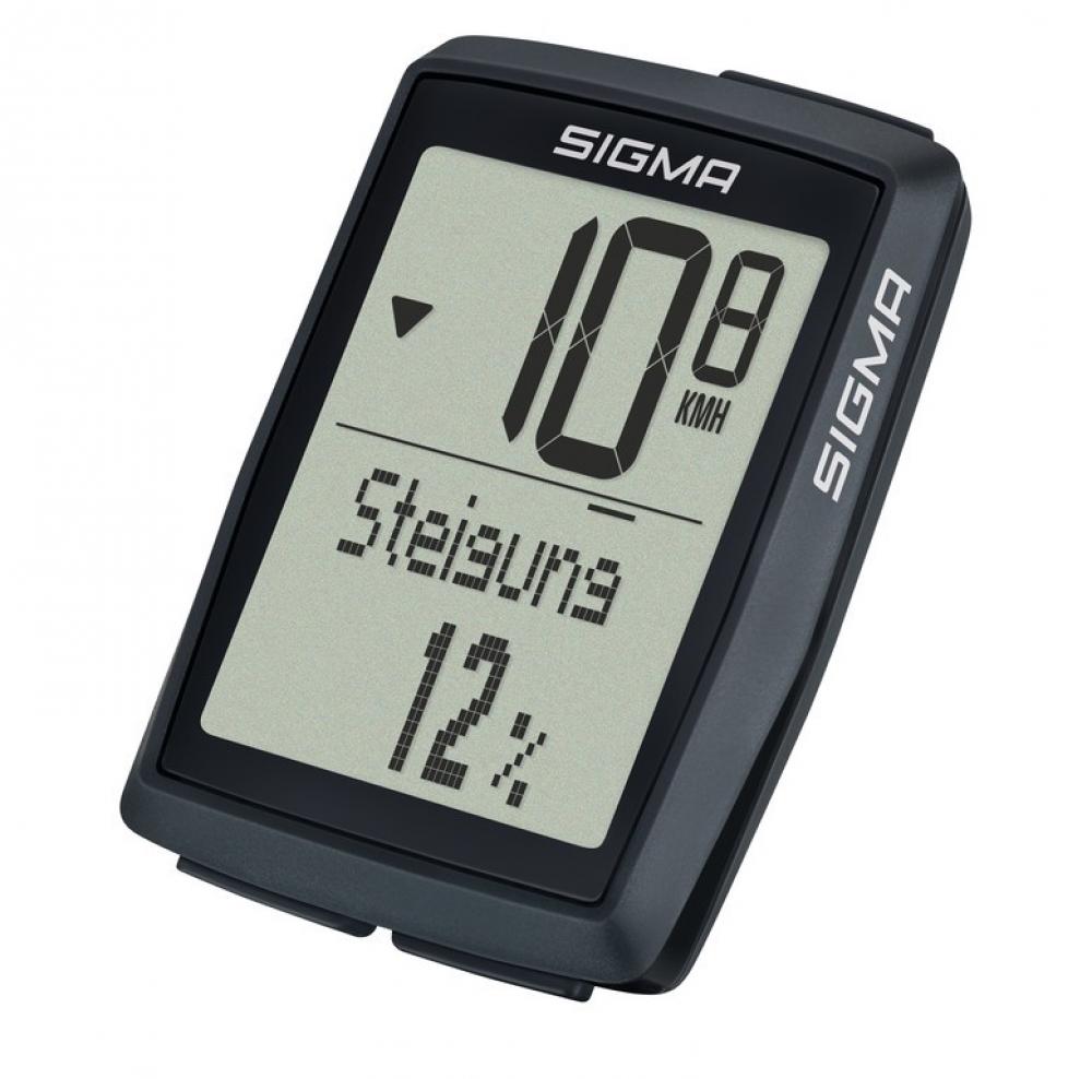 Schwarzer Sigma Sport Fahrradcomputer BC 14.0 WL STS mit Displayanzeige 10.8 km/h und 12% Steigung.