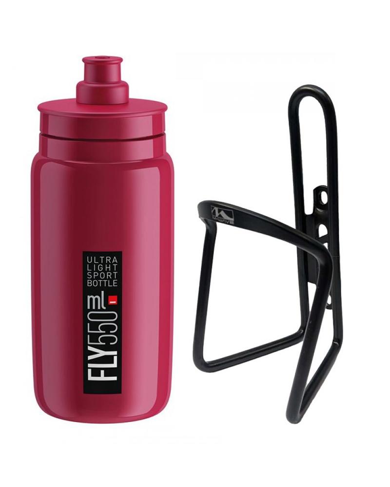 Elite Trinkflasche Bordeauxrot und M-Wave Flaschenhalter schwarz für Fahrräder.